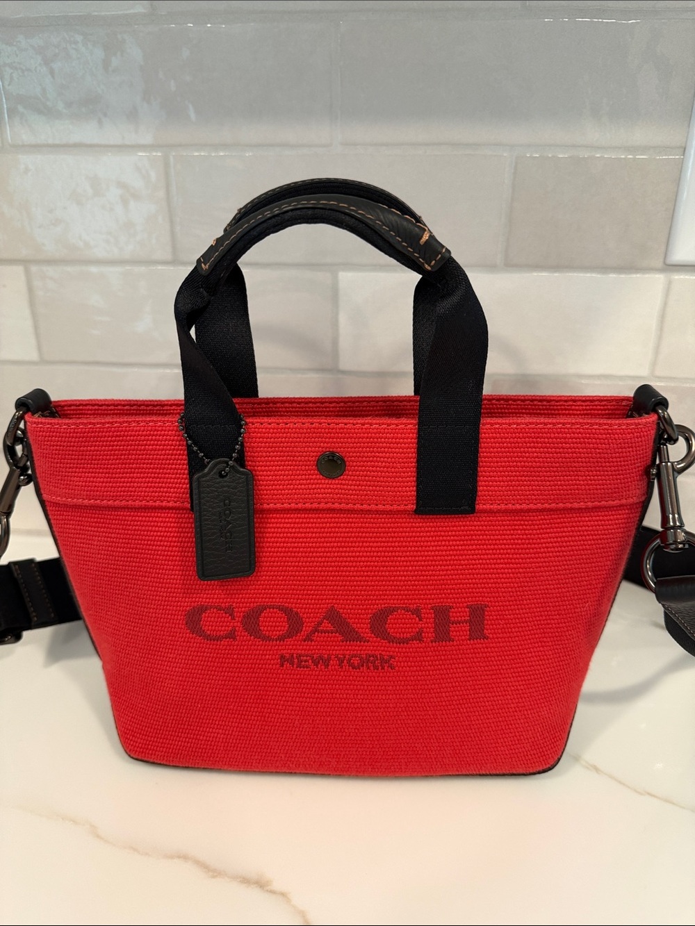 Men’s COACH Red Canvas Tote with Black Trim and Strap
